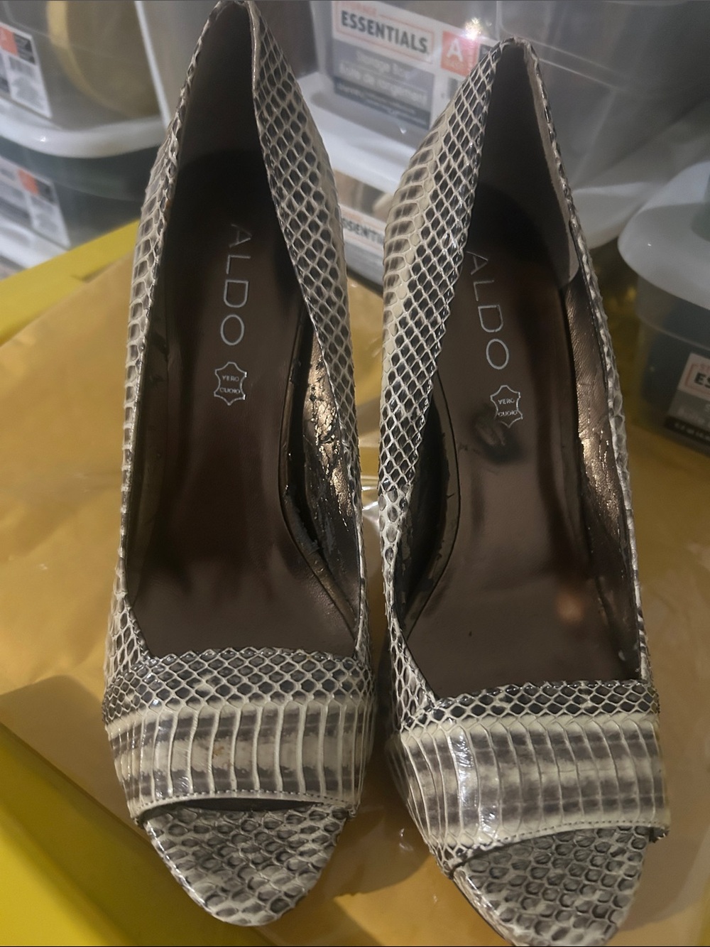 ALDO Beige and Gray Snake-Print Peep-Toe Heels